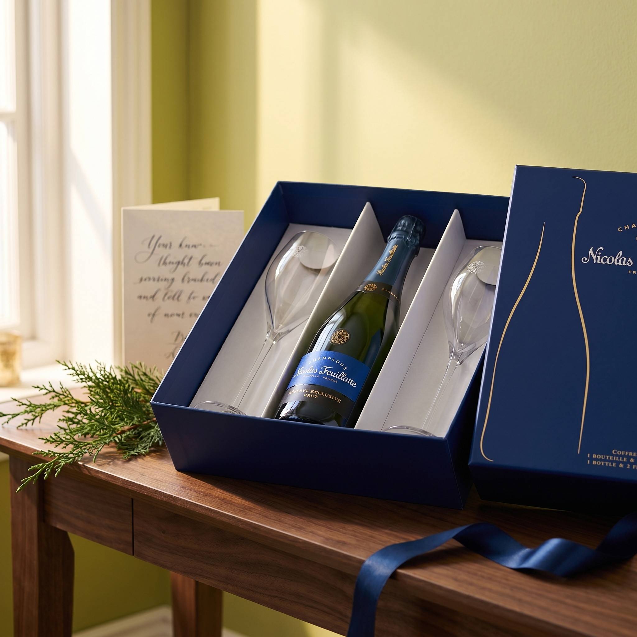 Подаръчна кутия Шампанско Nicolas Feuillatte Réserve Exclusive Brut с 2бр. чаши от BNKWines.bg