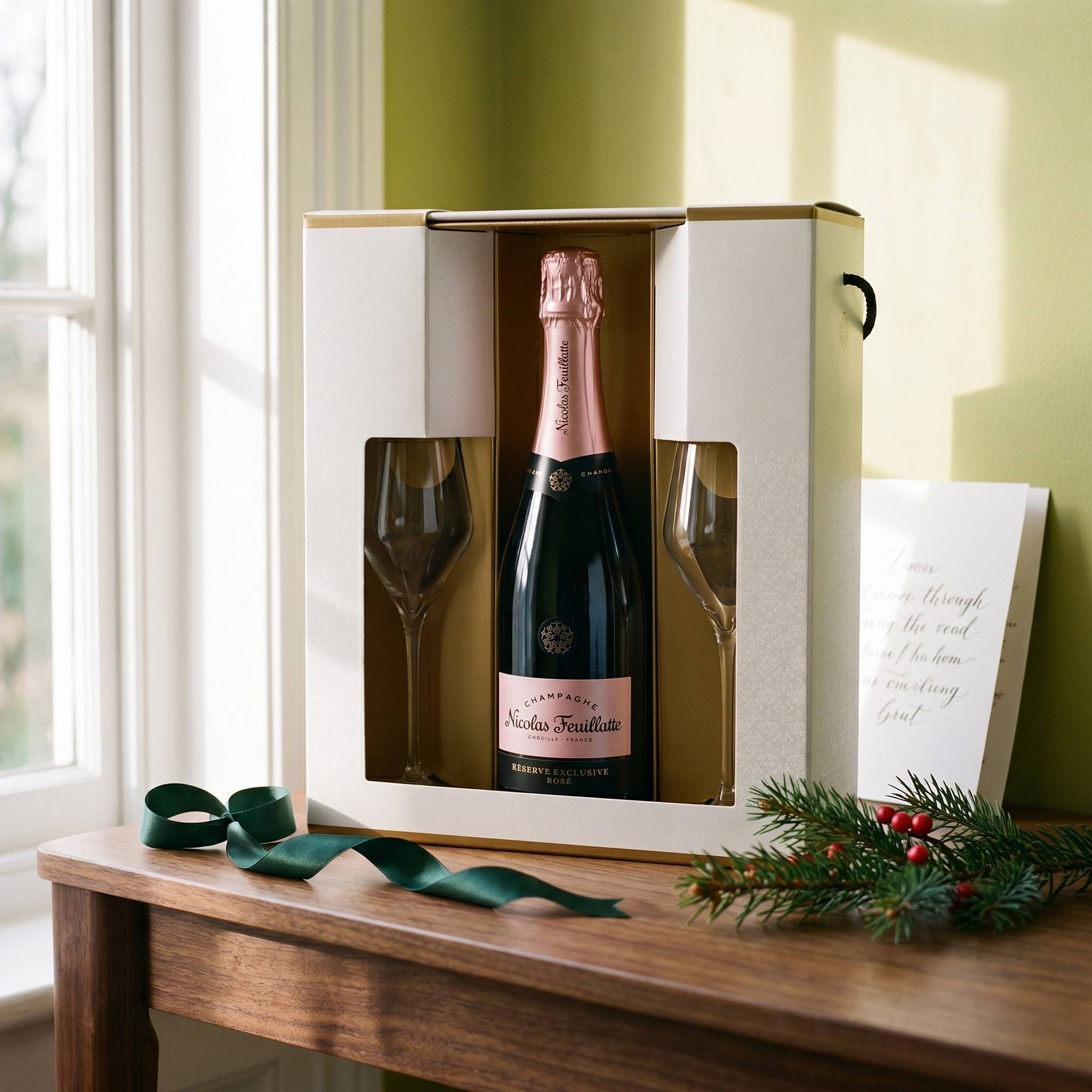 Подаръчна кутия Шампанско Nicolas Feuillatte Réserve Exclusive Rose Brut с 2бр. чаши от BNKWines.bg